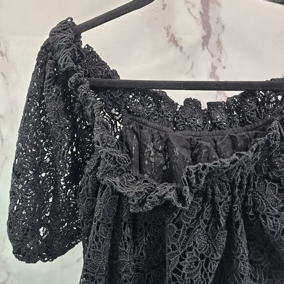 Maeve Shirt Womens XS Black Puff Sleeve Boho Crochet Cover Up Cutwork - Picture 6 of 11